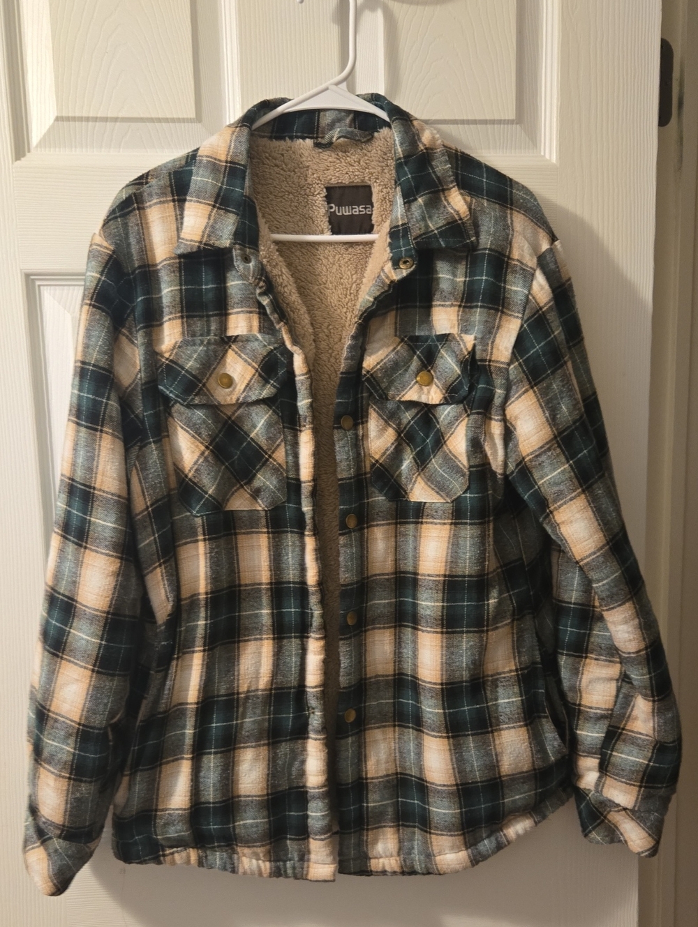 Unbranded Green & Cream Plaid Sherpa-Lined Utility Jacket